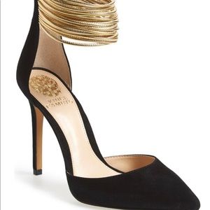 Vince Camuto Black Suede Gold Ankle Strap Pumps